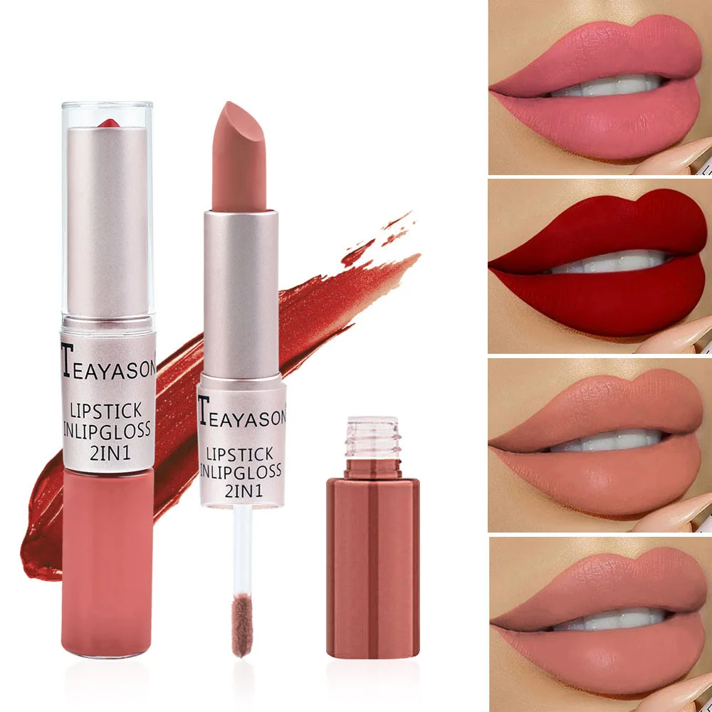 

Double-Headed Non-Stick Cup Matte Matte Lip Gloss 2-In-1 Matte Bean Paste Non-Fading Cup Lipstick Female