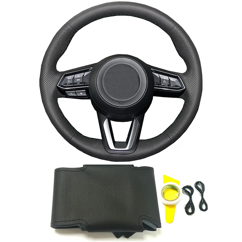 Черный чехол из натуральной кожи для рулевого колеса с ручной строчкой Mazda CX 3 CX3 5