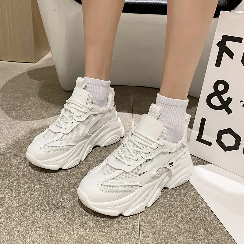 

Women Platform Chunky Sneakers 5cm High Lace-up Casual Vulcanize Shoes Luxury Designer Old Dad Female Fashion Sneakers 2021 New