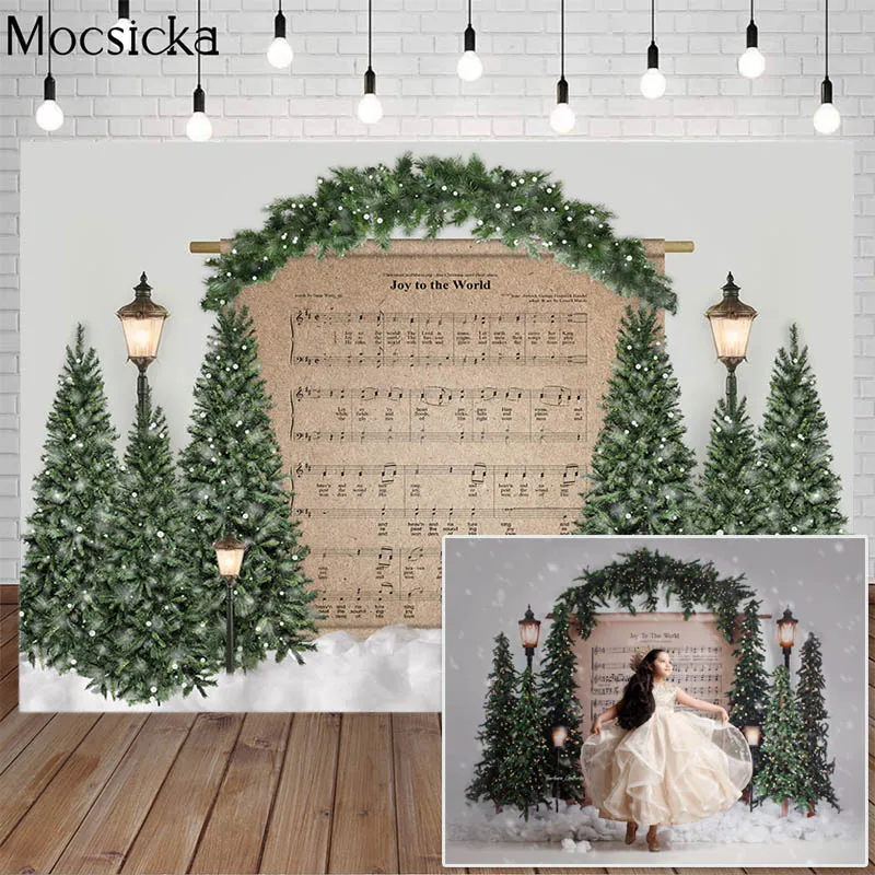 Christmas Tree Photography Backdrop Snow Joy To The World Music Score Decor Prop Child Birthday Portrait Background Photo Studio
