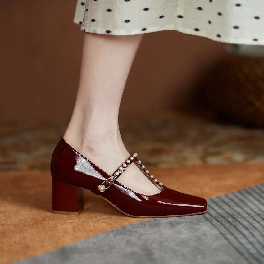 

QUTAA 2021 String Bead Buckle Square High Heel Women Shoes Spring Summer Patent Leather Retro Square Toe Female Pumps Size 34-40