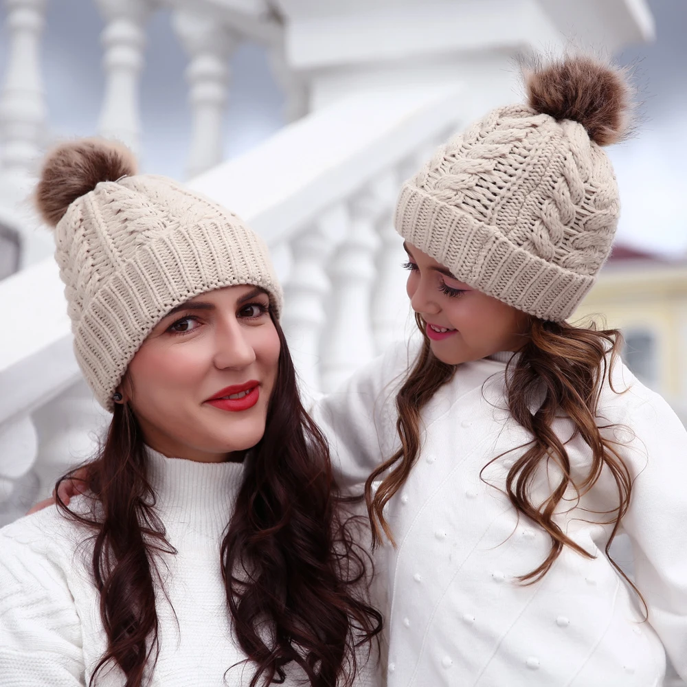 

Womens Mother Baby Matching Knitting Pom Bobble Hat Kids Winter Warm Beanie Cap