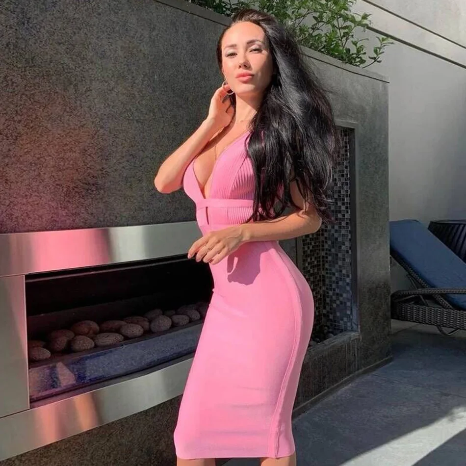Новинка, осенняя Рождественская повязка, женское платье бодикон Vestidos, сексуальное платье с глубоким v-образным вырезом, розовое Клубное платье с открытой спиной