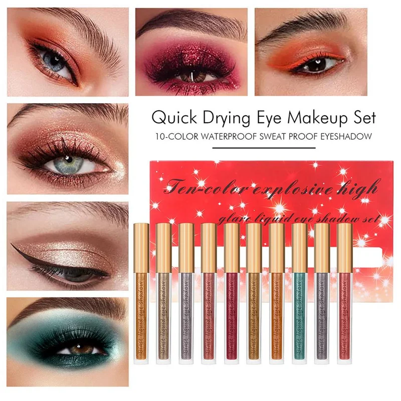 

Набор жидких блестящих теней для век 10 цветов, водостойкие Сияющие тени для век, наборы для макияжа