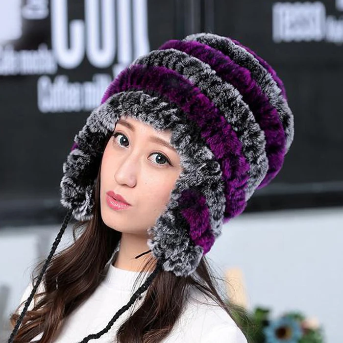 Lady Real Fur Earflap Hats Women Natural Rex Rabbit Fur Beanies Cap Russian Winter Warm Genuine Fur Hat Wholesale - Цвет: purple grey