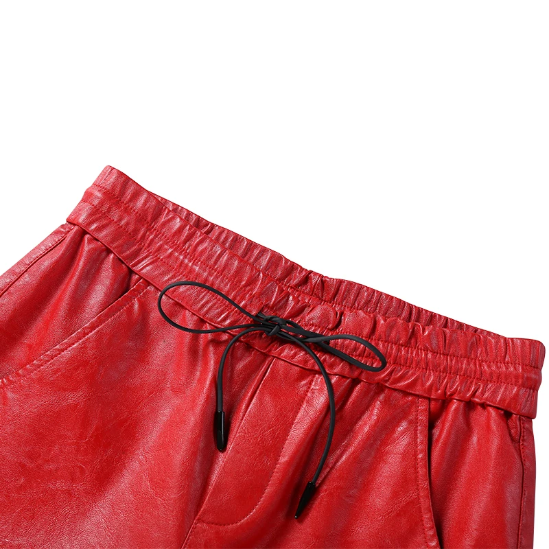 

autumn PU red leather pants Women's Faux Leather pants Elastic waist PU leather harem pants high waist PU casual pants trousers