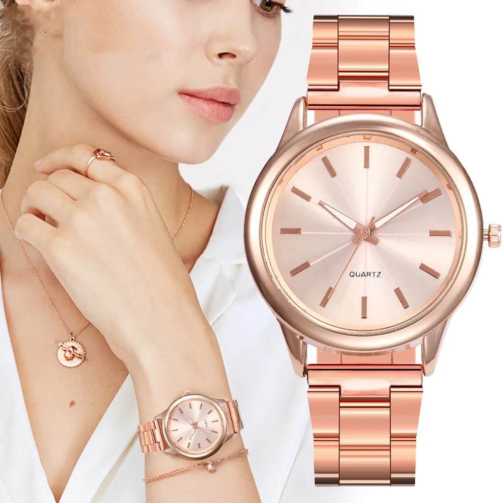 Роскошные простые женские часы кварцевые розовое золото нержавеющая сталь