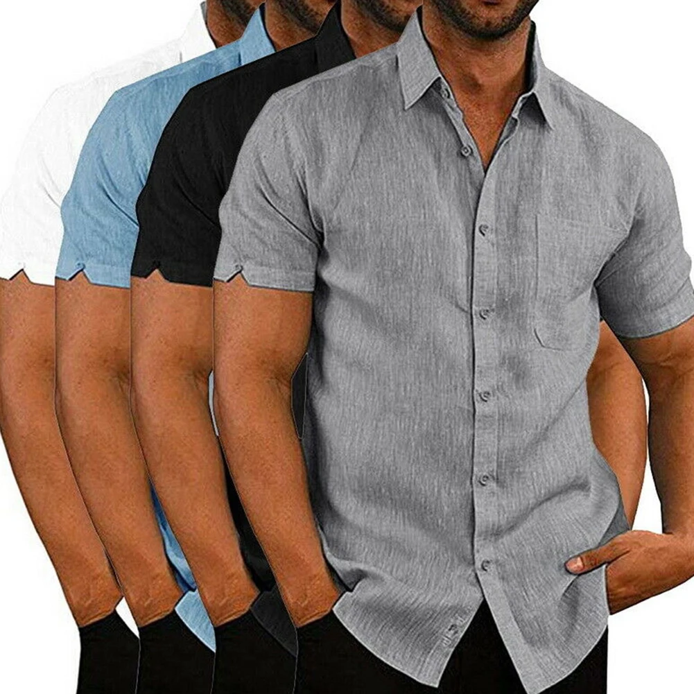 Casual Men Solid Color Turn Down Collar Short Sleeve Pocket Buttons Slim Shirt skin-friendly and soft perfect gift for Christmas | Мужская