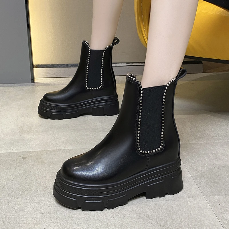 Женские ботильоны без шнуровки Goth повседневные кожаные ботинки на платформе 9 см