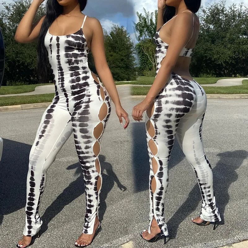 

Sling Jumpsuit Casual Printing Hollow Out Design Sexy Urban Nightclub A Set of Tight Fitting Women's Summer Trousers Pants Suit