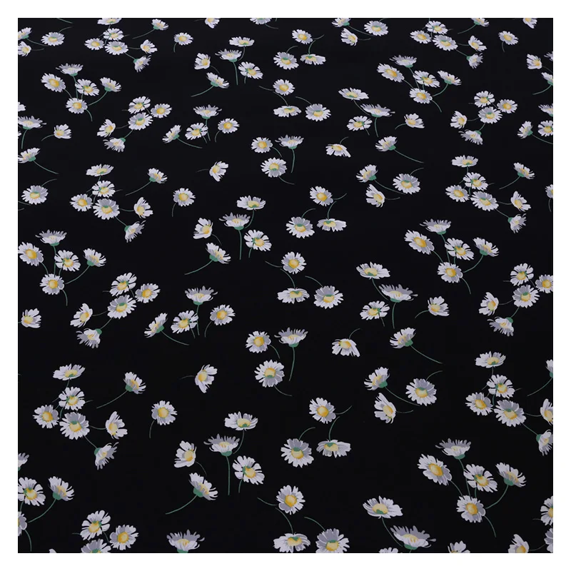 

100% MulberrySilk Fabric 2020 Fashion Daisy Print Crepe De Chine Fashion Silk Dress Fabric Black