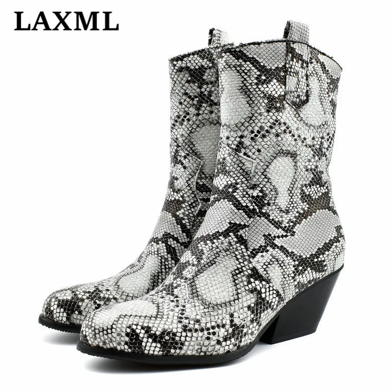

Retro Pointed Toe Ladies Roman Boots Short Tube Floral Martin Boots Low Tube Snake Print Thick Heel Side Zipper Women's Shoes