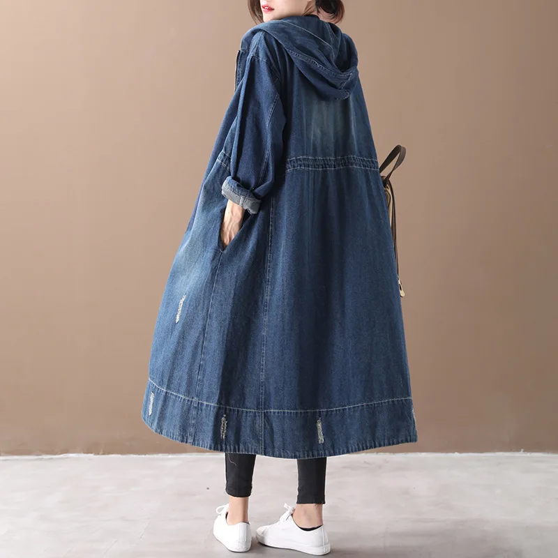 Осенне зимний женский плащ большого размера Длинное свободное джинсовое пальто