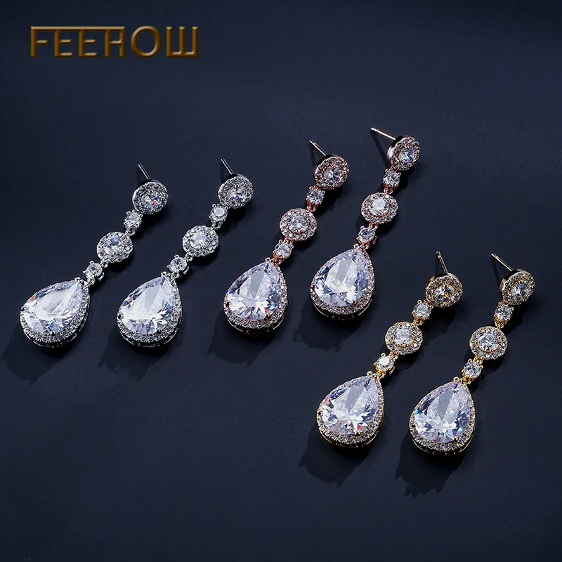 FEEHOW, классические, прозрачные, AAA, кубический циркон, капля воды, длинные, модные серьги-подвески для женщин, для свадьбы, ужина, вечерние, ювелирные изделия, FWEP2008