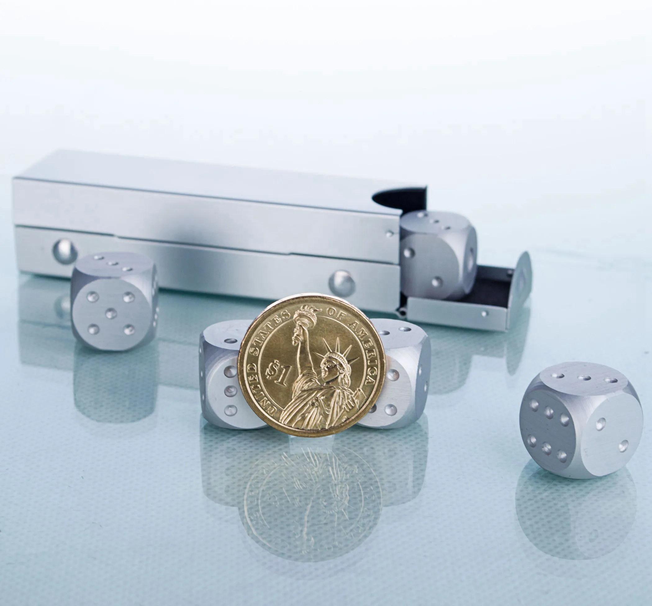 

1 Pack 5in1 Aluminum Alloy Silver Engrave Solid Metal Dice Poker Party Game Toy Portable Tube XMAS Case