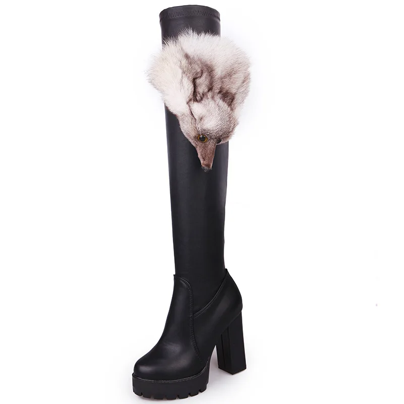 2019 г. зимние сапоги до колена женские на высоком каблуке с лисьим помпоном в стиле