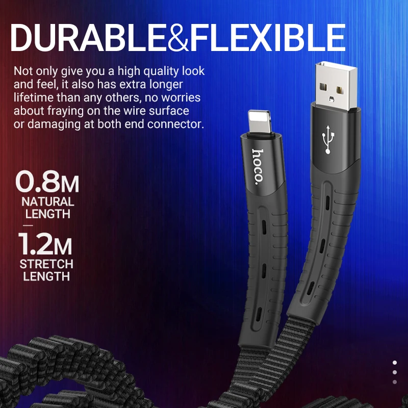 hoco пружинный usb кабель для lightning эластичный провод зарядки и передачи данных