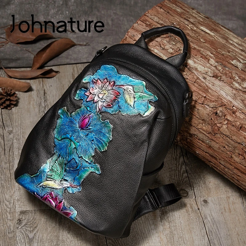 Женский рюкзак из натуральной кожи Johnature воловьей ручной работы с тиснением
