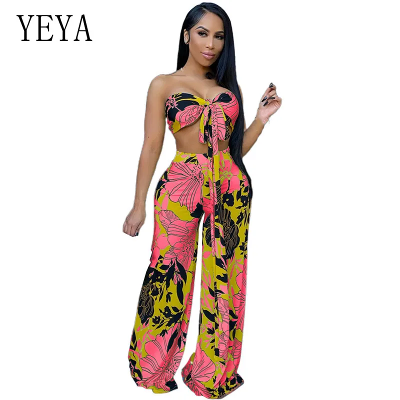 

YEYA Strapless Bow Crop Tops and Wide Leg Pants Summer Two Piece Sets Print Sexy Club Outfits Women Party Matching Sets