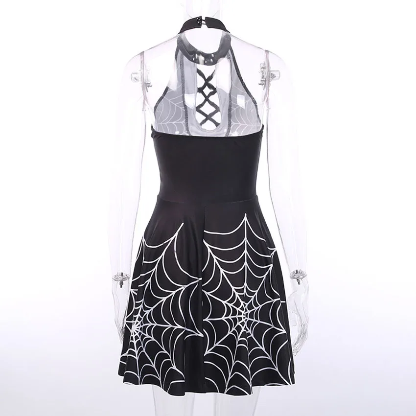 

Gothic Women Spider-web Sexy Mini Dress Halloween Carnival Masquerade Scary Costumes High Waist Backless Nightclub Dress