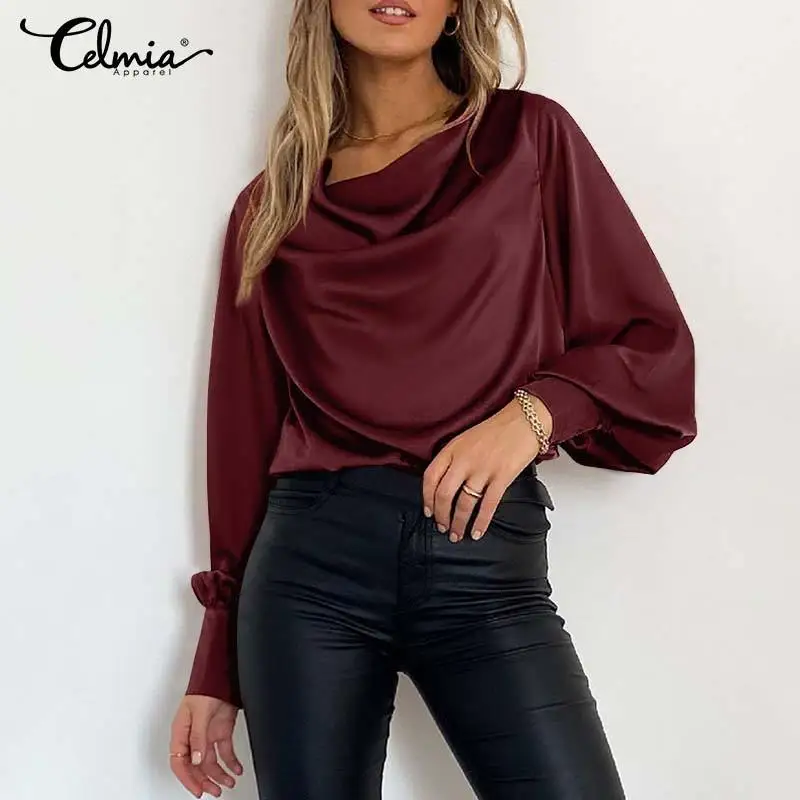 

Celmia Lady Fashion Satin Blouses Long Lantern Sleeve Women Solid Casual Shirts Cowl Neck Elegant 2021 Autumn Femininas Tops