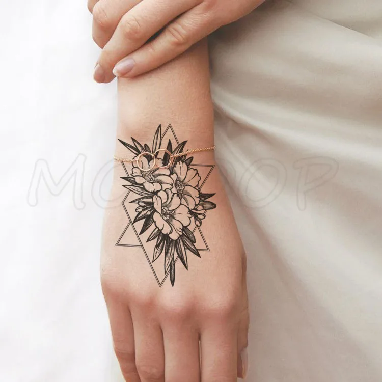 Водостойкие временные тату-наклейки Черная задняя часть руки цветок маленький