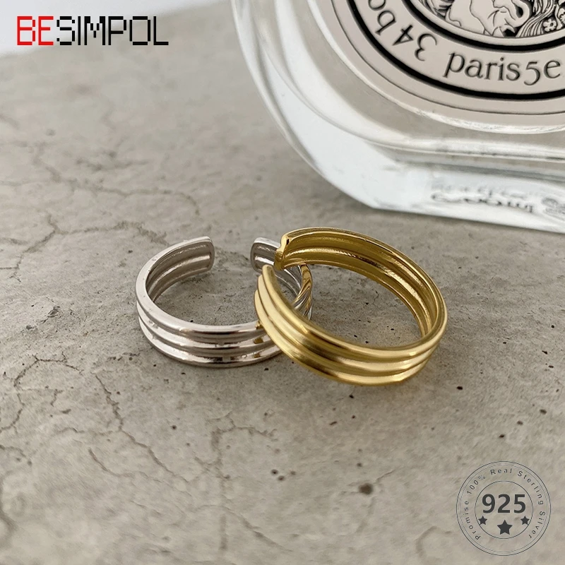 

Besimpol 100% Real 925 Sterling Silver Rings Simple Punk Striation Adjustable Ring For Women Fashion Fine Jewelry Wedding Gifts