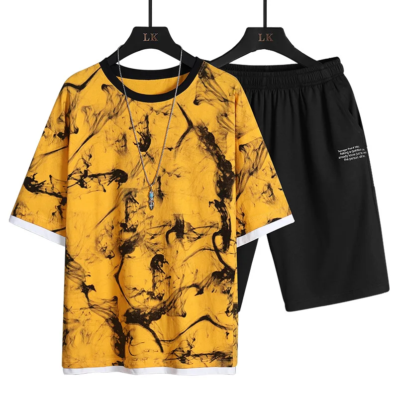 

2021 Summer New Mens Casual Set Fashion 2 PCS Sportswear Suit Short Sleeve T-shirt Shorts Sets Male Sportswear Tracksuit Men 4XL