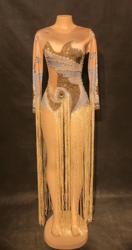 

Women Spring Rompers 2021 Pearl Rhinestone Tassel High Quality Stretch Bodysuit Birthday Celebrate Singer Dance Costume Female
