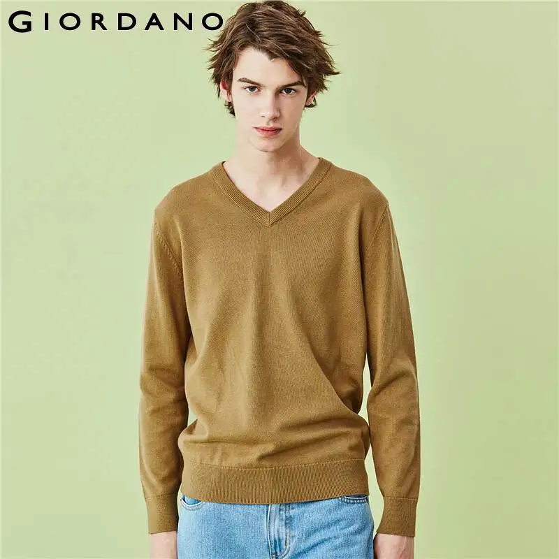 Мужской Однотонный свитер Giordano Трикотажный Хлопковый Повседневный с V-образным