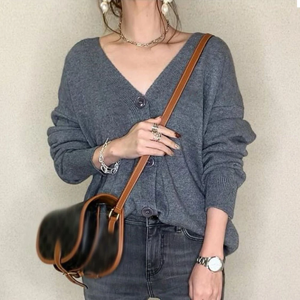 

2021 Single-Breasted Patchwork Fall Women's Sweater Slim Cardigan V-Neck Plain Casual Female Popular Fall Sweaters Lady Clothing