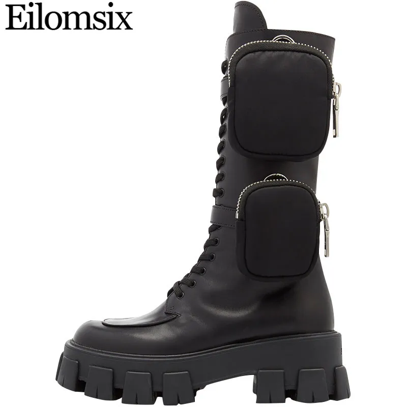 Eilomsix/2019 г. Черные рыцарские сапоги на толстой подошве женские до середины икры