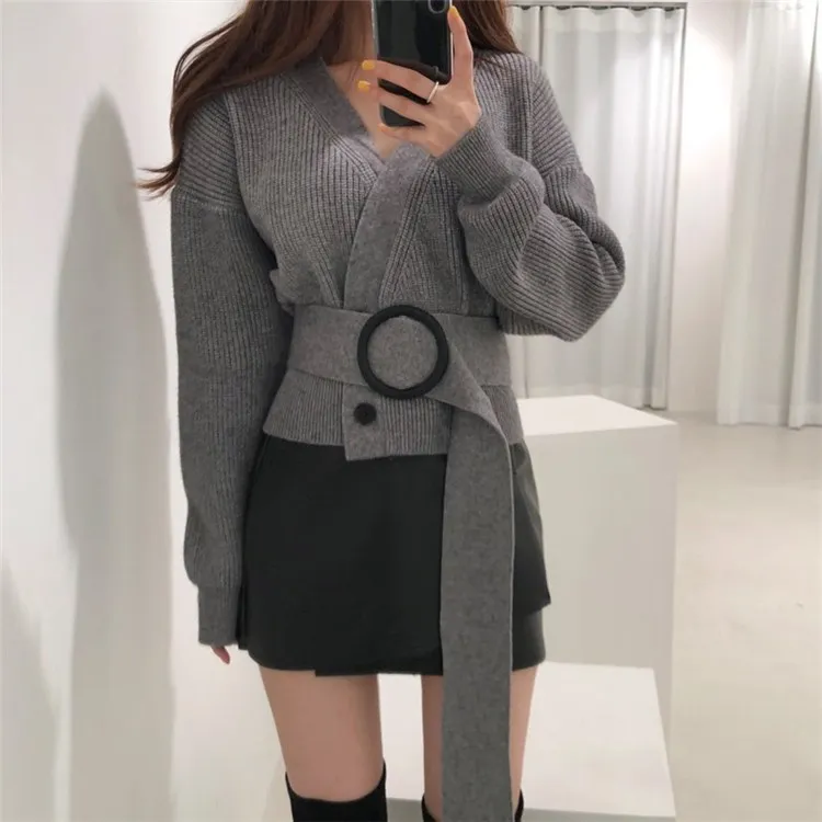 2019 Autumn Winter Sashes Wrap Sweaters Cardigans Women Tops Lace Up Button Double Breasted Solid Minimalist Elegant |