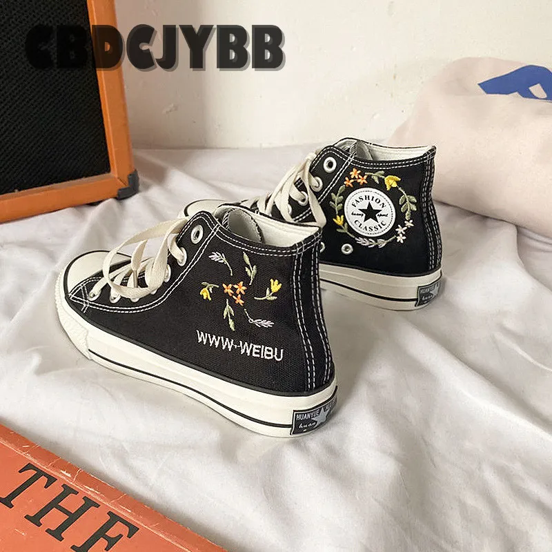 Женские высокие парусиновые туфли с вышивкой повседневные кроссовки на плоской