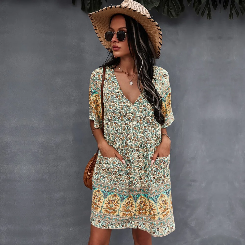 

New Ladies Floral Print Summer Short Dress Women Casual V Neck Bohemian Short Sleeve Dress For Female Fashion Sexy Spring Dress