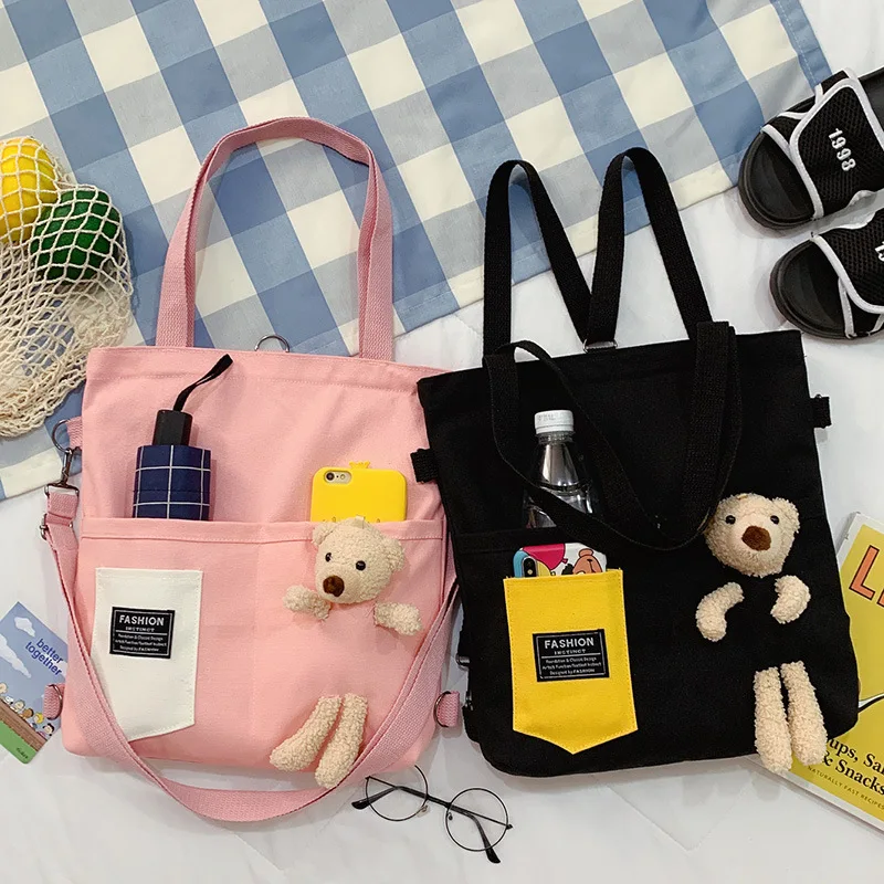 

New fashion canvas female bear doll bag BaoChao han edition high-capacity lovely Xiong Xuesheng one shoulder canvas bag