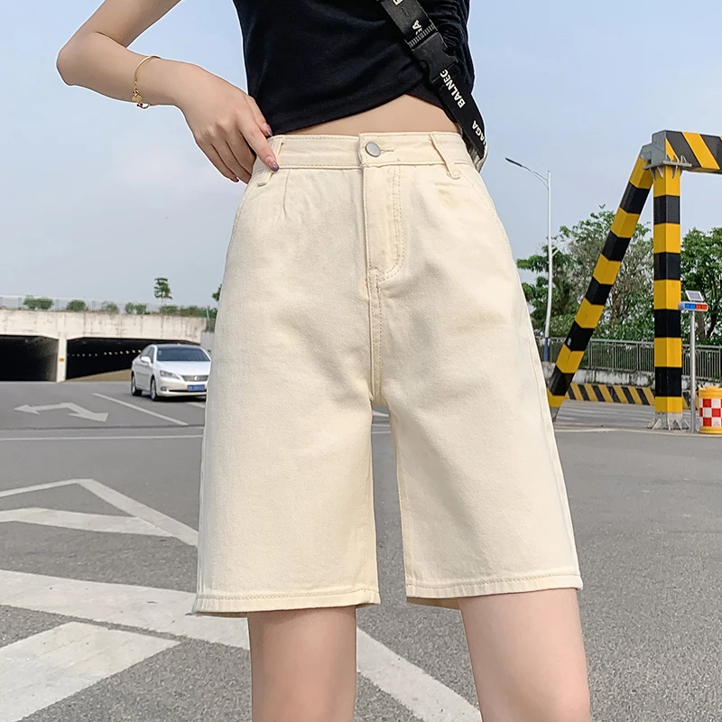 

TongSiHai Jeans Shorts for Women Ladies Summer High Waist Straight Denim Short Pants Knee Length Streetwear