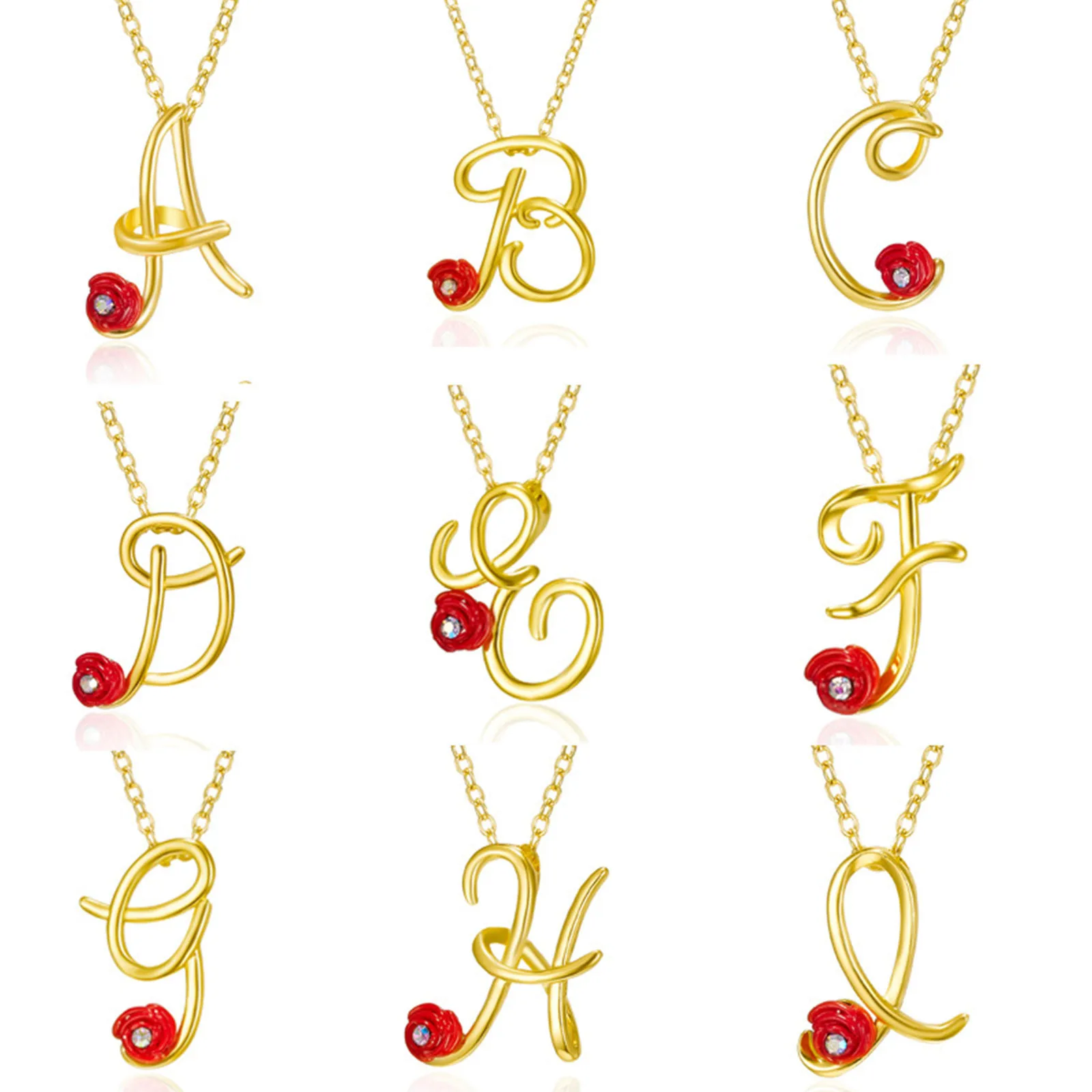 

1Piece Gold-plated Vintage English Alphabet With White Diamond Necklace Red Resin Rose Flower Cross Chain Zinc Alloy Necklace