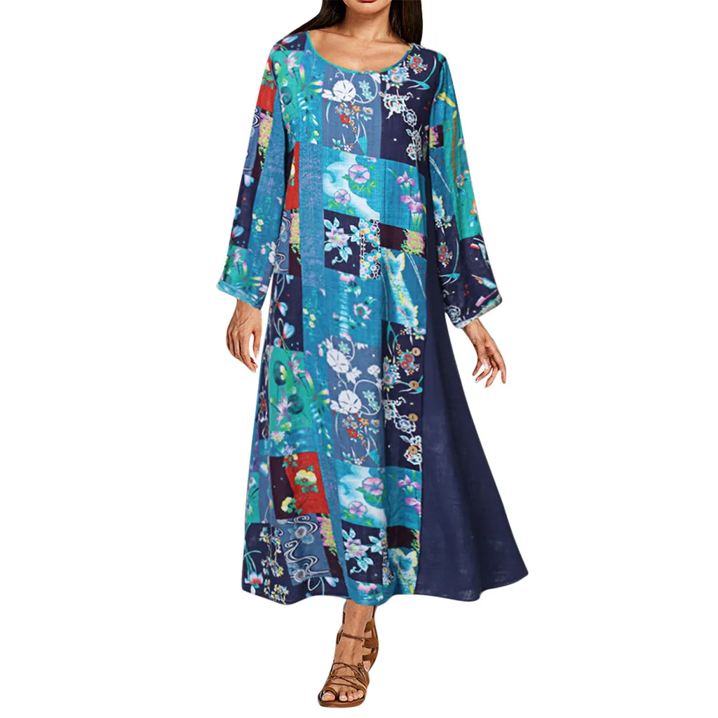 Женское повседневное длинное платье с круглым вырезом длинным рукавом и принтом