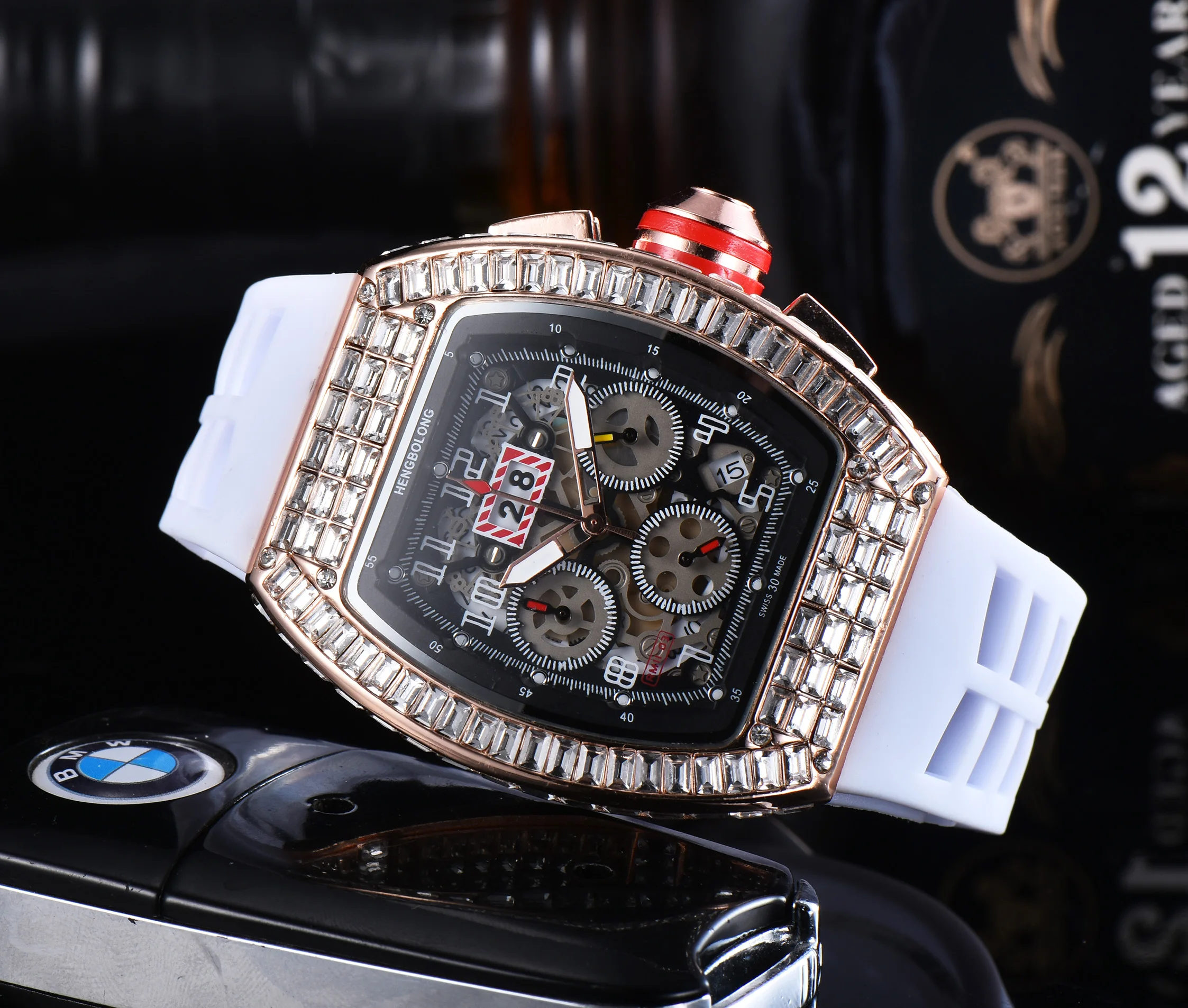 

Richard Top Brand Luxury Quartz Watches Stainless Steel Case 6 Pin Seconds Rubber Band Wristwatch Male Clock Relogio Masculino