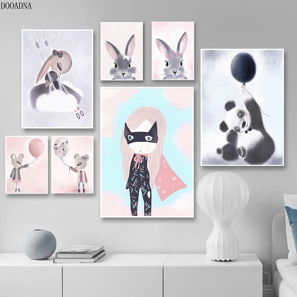 

Cute Cartoon Image Wall Poster Personality Name Canvas Painting Rabbit Balloon Pattern Nordic Mural Girl Room Decoration