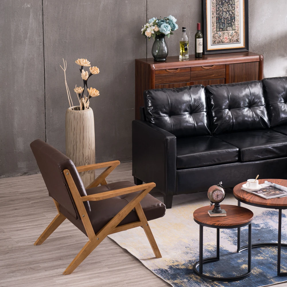 

76 x 85 x 82.5cm Retro Single Sofa Chair Solid Wood Leisure Chair Suede Brown Balcony Chair for Living Room Apartment Sofa Chair