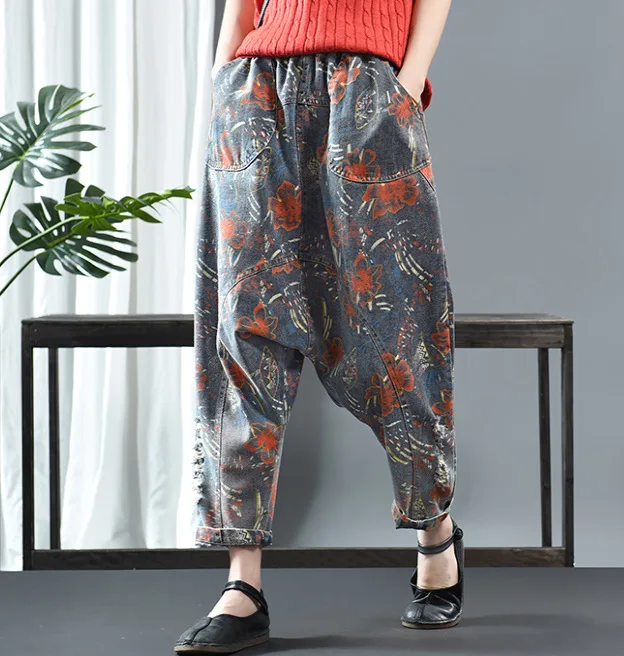 Spring Denim Jeans Women Retro Print Patchwork Sanding Wide Loose Washed Female Full-Length Cross-pants Vintage Tide Fahsion |