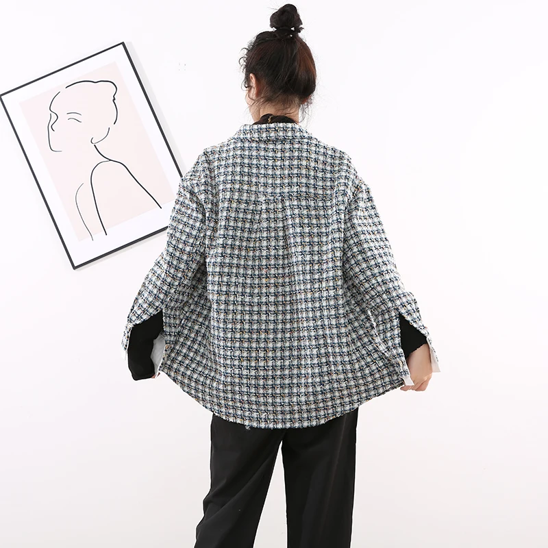 

[EAM] Loose Fit Blue Tweed Irregular Big Size Jacket New Lapel Long Sleeve Women Coat Fashion Tide Spring Autumn 2021 1DB58905