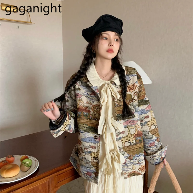 

Gaganight Women Cute Animal Embroidery Printed Jacket 2021 Autumn Winter New Female Retro Korean Chic Printed Loose Top Trendy