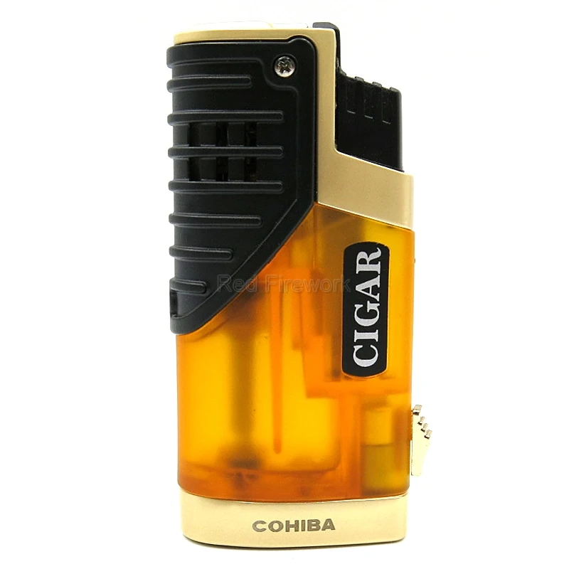Orange Абсолютно новые зажигалки COHIBA, классические, портативные, ветрозащитные, тройные, 3 пламени, сигареты, сигары, зажигалка с сигарой, удар, подарочная коробка - Цвет: Orange