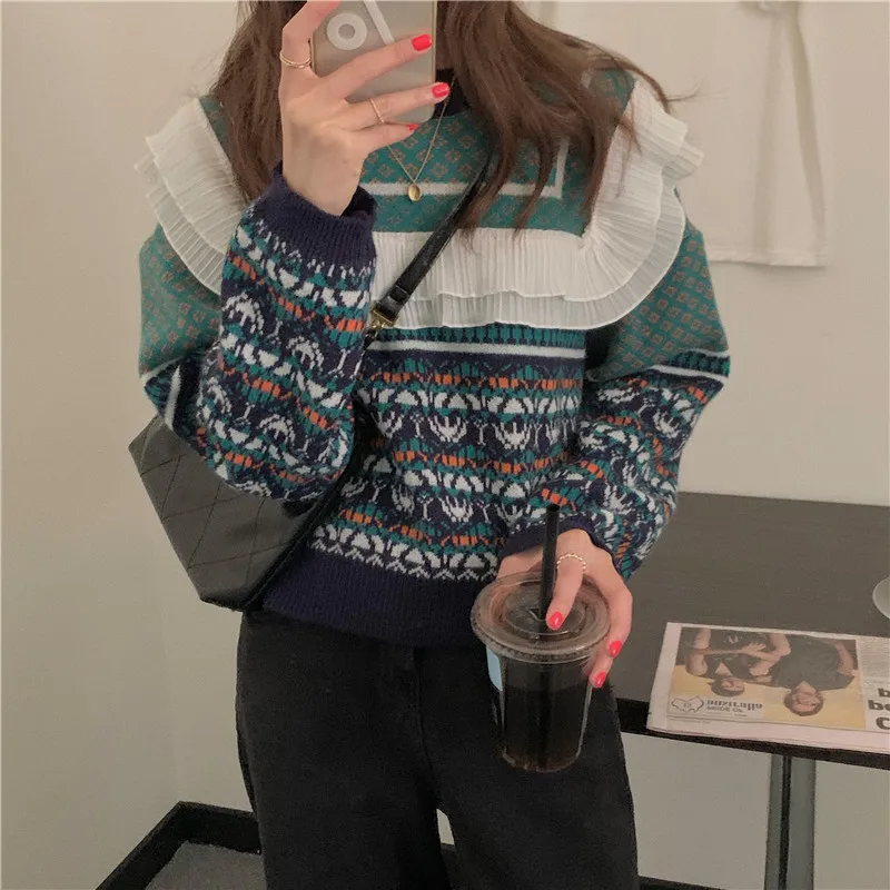 

Новинка осени 2021, Женский вязаный свитер Hzirip, Женский пуловер с рисунком ромбиками и круглым вырезом, кружевной Повседневный модный элегант...