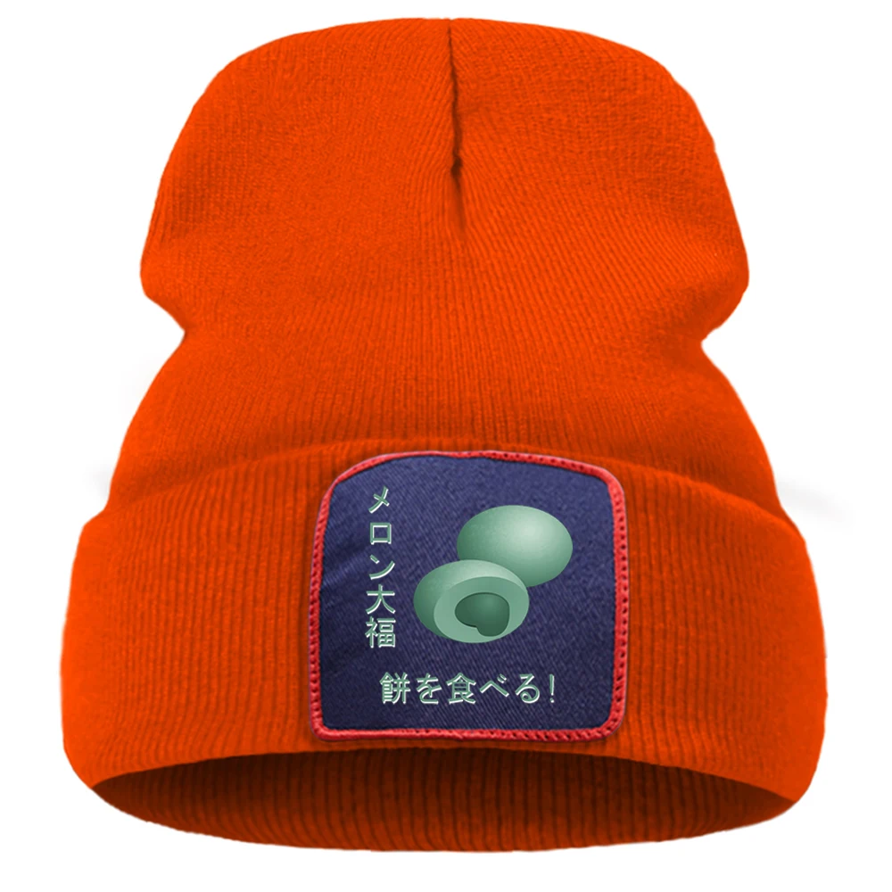 

Melon Mochi Japan Harajuku Prints 2020 Unisex Cap Cartoon Warm Winter Caps Solid Color Simple Knitted Caps Creative Quality Cap