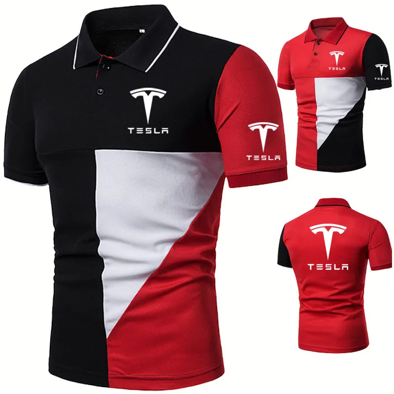 

Рубашка-поло мужская с коротким рукавом, хлопок, короткий рукав, принт логотипа машины Тесла, модная повседневная одежда, на лето