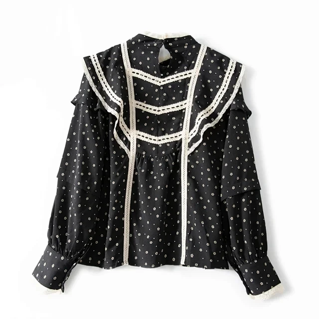 

ruffle casual wild retro lady shirt Hollow embroidery black lady shirt tops long sleeve